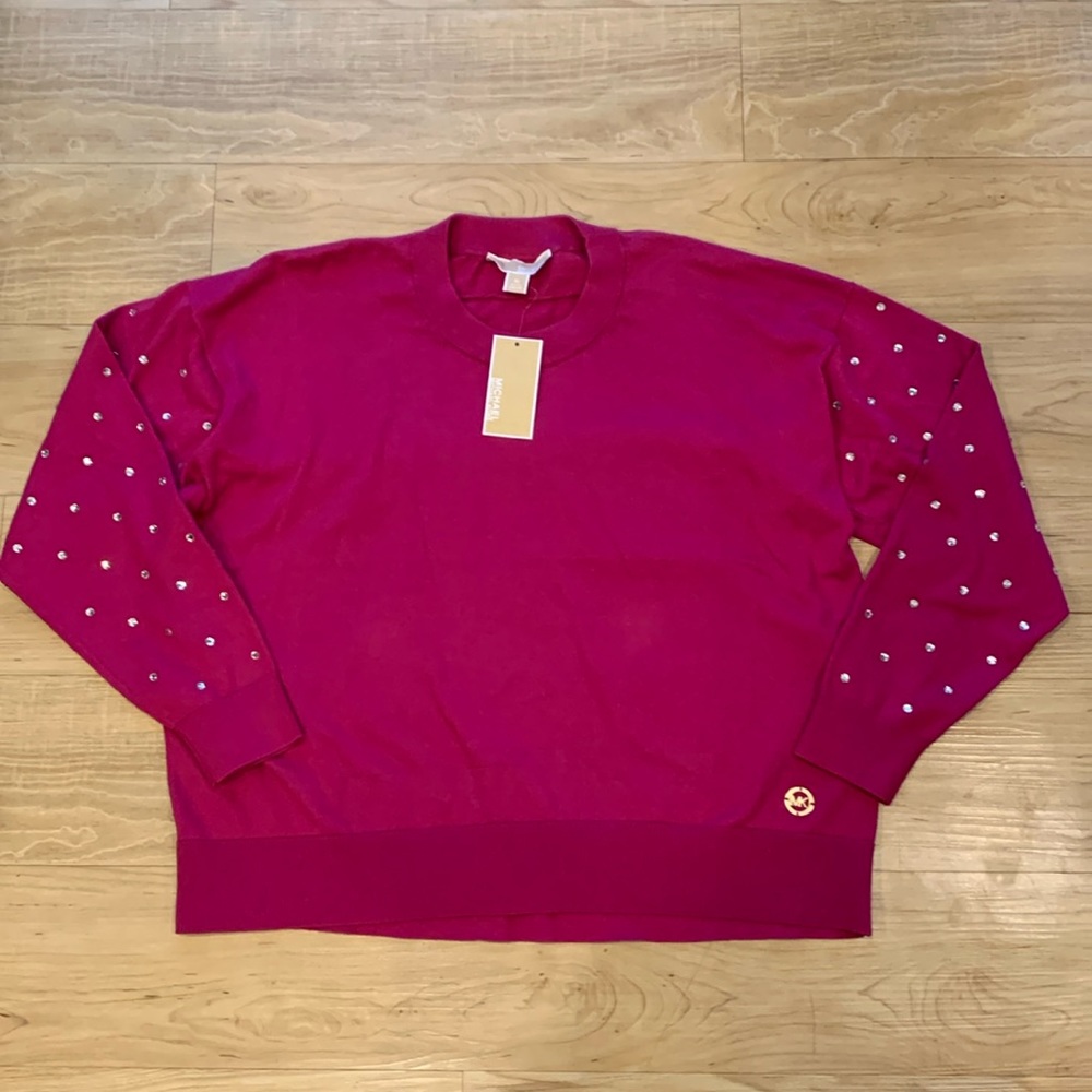 Women’s Michael Kors Long Sleeve Rhinestone Deep Fuchsia Sweater Medium